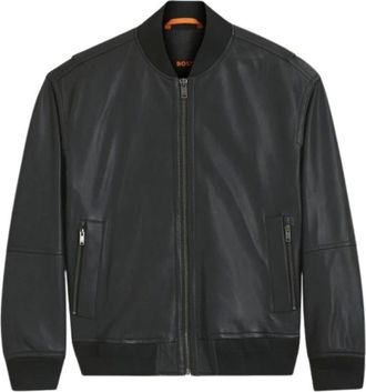 HUGO BOSS Regular-Fit Textured Leather Bomber Jacket - Heren - Jassen - Zwart - Maat: 2XL Leer