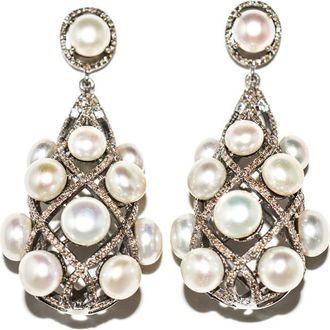 Arthur Marder Fine Jewelry Silver 3.50 Ct. Tw. Diamond & 8Mm Pearl Earrings