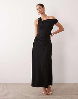 Asos vestito maxi in cr&ecirc;pe con spalle scese e dettaglio gonna arricciata nero
