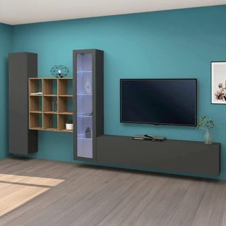 Dmora Pared Equipada Dcapann, Conjunto De Sal&oacute;n Mueble De Tv Con 4 Puertas, Mueble De Sal&oacute;n Polivalente Con Vitrina Y Luz Led, 100% Made In Italy, Cm 310x30
