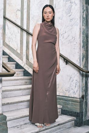 Karen Millen Womens Satin Viscose Drape Cowl Neck Maxi Dress - Chocolate - Size 10 UK