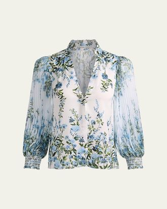 Alice & Olivia Ilan Pleated-Sleeve Blouse