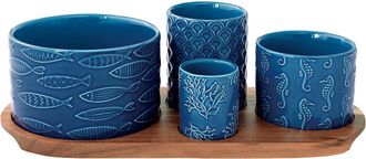 Easy Life Juego de aperitivo con 4 cuencos redondos de porcelana en bandeja de acacia en caja SEA LIFE