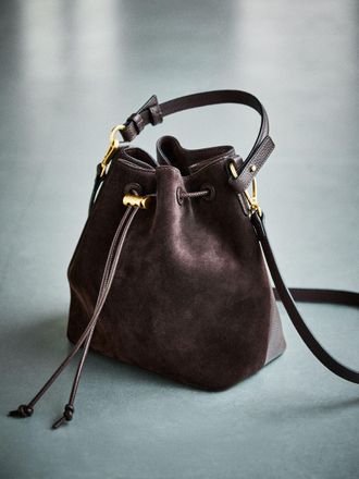 Reiss Chocolate Suede and Leather Bucket Bag