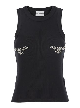 Des_Phemmes Black Sleeveless Top With Round Neck And Front Crystal Embellishments In Cotton Stretch Woman