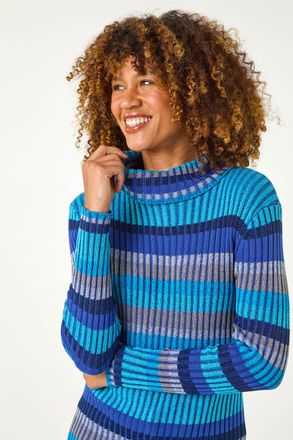 Roman Roll Neck Stripe Print Ribbed Knit Jumper
