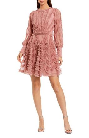 Mac Duggal Ruffle Lace Up Back Long Sleeve Mini Dress in Rose at Nordstrom, Size 4