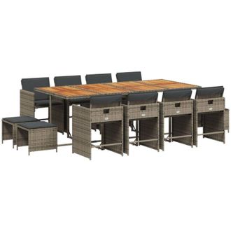 vidaXL Set Comedor De Jard&iacute;n Con Cojines 13 Pzas Rat&aacute;n Sint&eacute;tico Gris Vidaxl