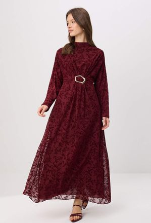 Trendyol Modest Dames Bordeaux Bloemen Maxi Lang A-lijn Modest Avond Jurken