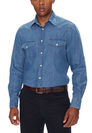 Tommy Hilfiger Mens Long Sleeve Button-up Shirt With Front Pockets - Light Blue Cotton - Size X-Small