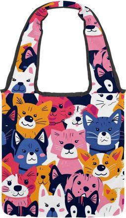 Generic Colorful Tiger Cat Reversible Canvas Shoulder Tote - Double-Sided Print, 12oz Cotton, 27cm Drop, Fold-Flat Bag for Travel, Shopping, Street Outings