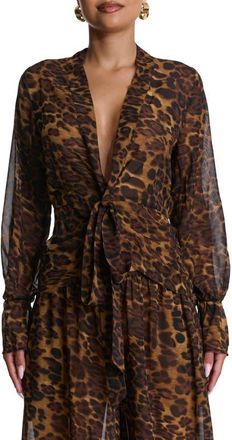 Naked Wardrobe Plunge Tie Front Chiffon Top in Leopard at Nordstrom, Size X-Small