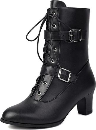 Generic Womens Lace Up Buckle Strap Ankle Boots Round Toe Chunky Block Heels PU Material Comfortable Non Slip Wear Resistant For Party Club Evening Fall Winte