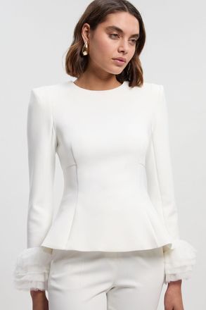 Karen Millen Womens Scuba Drama Tulle Detail Cuff Woven Peplum Top - White Polyamide - Size 14 UK