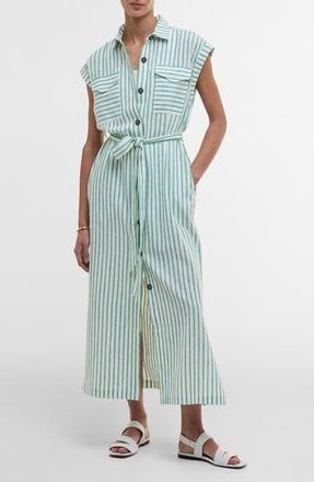 Barbour Abby Stripe Belted Cotton & Linen Shirtdress in Kelly Green White Stripe at Nordstrom Rack, Size 12 Us / 16 Uk