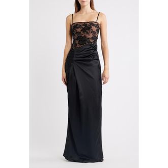House of CB Eliette Lace & Satin Column Gown in Black at Nordstrom, Size X-Small