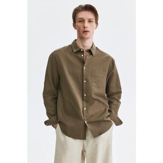 H&M Relaxed-fit linen-blend shirt in Dark Khaki Green at Nordstrom, Size Xx-Large