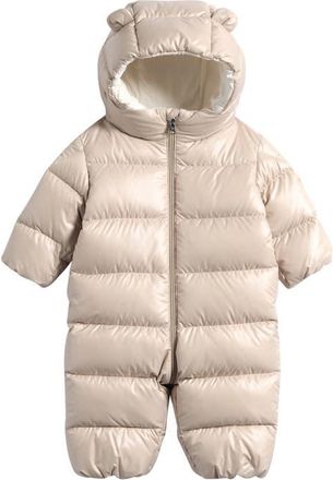 Moncler Kids Alanie Down Hooded Snowsuit in Beige at Nordstrom, Size 18-24M