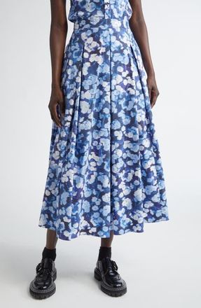 Erdem Pleated Cotton Midi Skirt in Havelock Blossom Indigo at Nordstrom, Size 12 Us