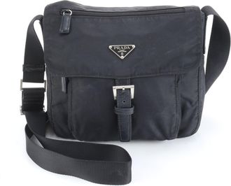 Prada Black Leather Nylon Messenger Bag Shoulder Bag (Pre-Owned)