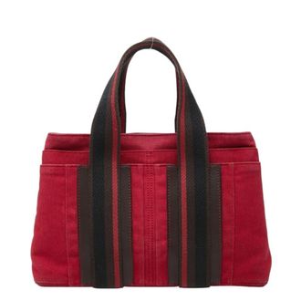 Herm&egrave;s Brown Red Color Canvas Leather Handbag Tote Bag (Pre-Owned)