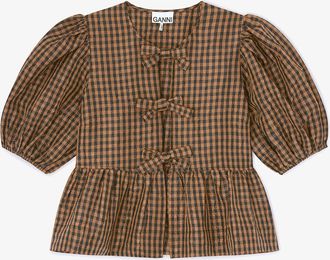 Ganni Crinkled Check Blouse - Size 10/12 Brown