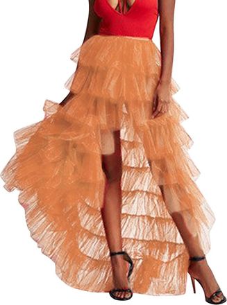 Generic Tulle Petticoat Skirt Womans Cake High Waist Skirt Pleated Skirt Bubble Skirt Long High Low Ruffles Party Tulle Skirt Sheer Skirts (Orange, One Size)