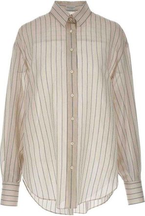 Brunello Cucinelli Womens Beige Silk Striped Shirt, Size XL