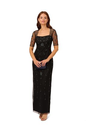 Adrianna Papell Womens Studio Beaded Long Dress - Black - Size 8 UK