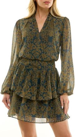 Socialite Printed Long Sleeve Chiffon Minidress in Teal/Gold at Nordstrom, Size X-Small