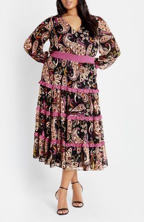 City Chic Gwendolyn Paisley Long Sleeve Tiered Midi Dress at Nordstrom, Size Xxl