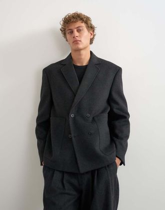 Topman blazer doppiopetto dalla vestibilit&agrave; boxy testurizzato in antracite-Grigio