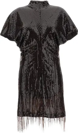 Federica Tosi Kleedjes, Dames, Bruin, M, Leer, Sequin Fringe Mini Jurk