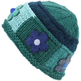 Loud Elephant LoudElephant Ladies Wool Knit Beanie Hat with Flower Patch Design - Green