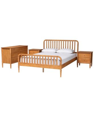 Baxton Studio Lucera Mid-Century Queen Size 4Pc Bobbin Bedroom Set