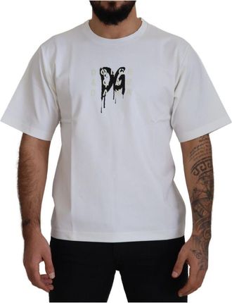 Dolce & Gabbana Mens Graffiti Logo Print with Rubber effect T-Shirt in White Cotton - Size Small