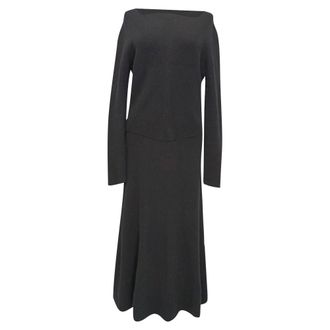 Victoria Beckham Square-Neck Long Sleeve Midi Dress in Black Wool