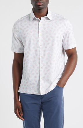 Bugatchi Milo OoohCotton Palm Leaf Print Short Sleeve Button-Up Shirt in Primerose at Nordstrom, Size Xxx-Large