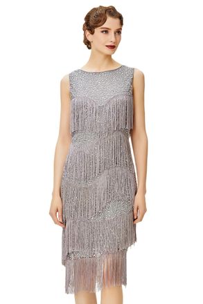Babeyond 1920s Flapper Dress Gatsby Fringed Dress Roaring 20s, Gray, XS
