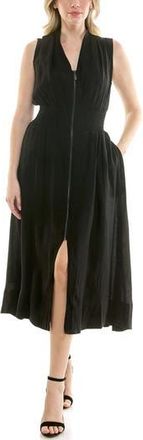 Nicole Miller Smocked Waist Zip Front Midi Dress in Very Black at Nordstrom Rack, Size X-Large
