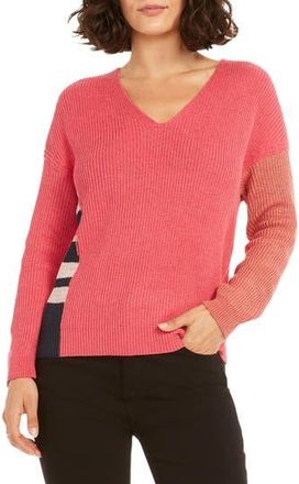 Nic+Zoe Colorblock V-Neck Rib Sweater in Pink Multi at Nordstrom Rack, Size Xx-Large