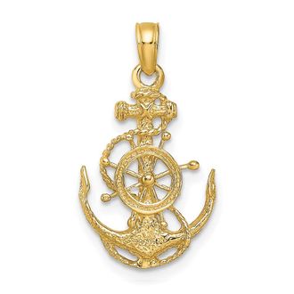Diamond2Deal 14k Yellow Gold Small Anchor with Rope and Ships Wheel Pendant