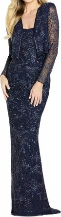 Mon Cheri Lace Beaded Evening Dress In Navy