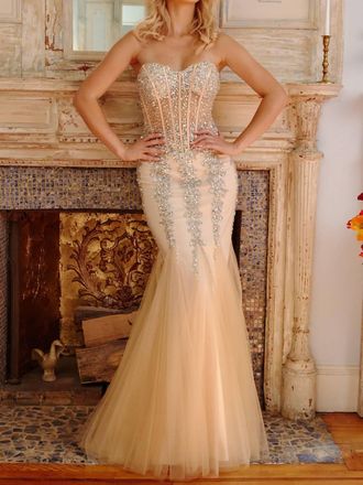 Jovani Embellished Corset Bodice Prom Dress In Silver/nude