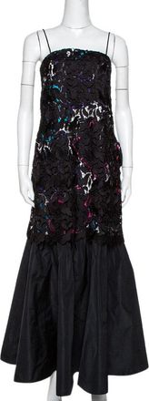 Emporio Armani Black Printed Satin & Lace Overlay Maxi Dress