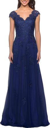 La Femme Short Sleeve Lace Gown with Cascading Embellishments in Marine Blue at Nordstrom, Size 20