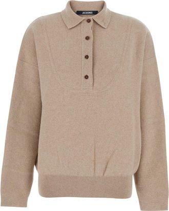 Jacquemus la Maille Vareuse Pallone Beige Sweater With Polo Shirt Style Collar In Wool And Cashmere Stretch Woman