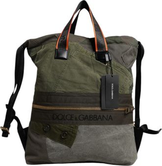 Dolce & Gabbana Mens Patchwork Rucksack Backpack Green Cotton Calf Leather