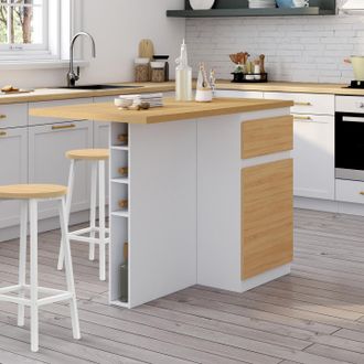 IDMarket Tino 120 Cm Isla Central Con Botellero, 4 Plazas, Madera Blanca Con Encimera Efecto Haya