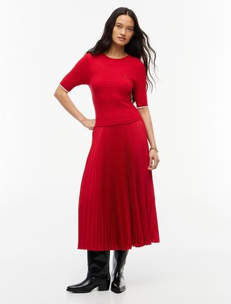 Tommy Hilfiger Womens Mixed-Media Pleated Midi Dress - Red - XL